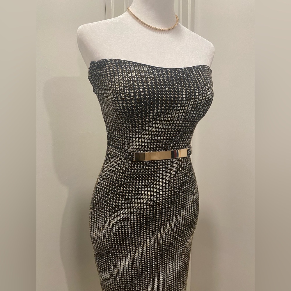 KLAXONS Black & Gold Glitter Strapless Belted Mini Dress - Small